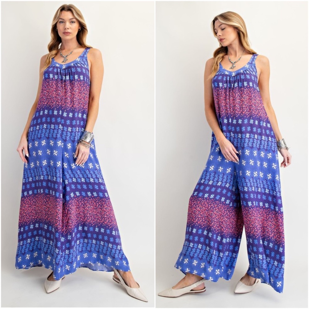 EUC easel Large Blue and Pink Patterned Sleeveless Jumpsuit